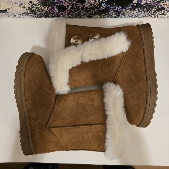SO Chestnut Abigail Tan Brown Faux Suede Fur Trim Boots Calf Length Size 8.5 - Picture 11 of 17